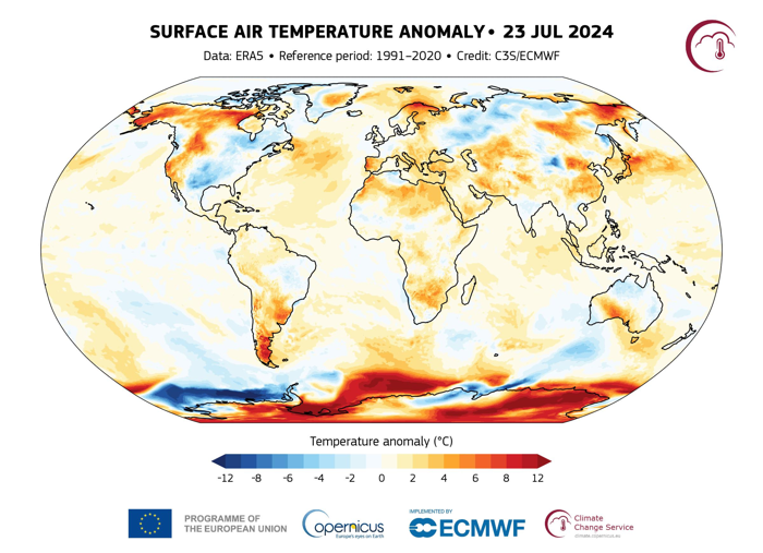 Anomalie della temperatura dell'aria superficiale il 23 luglio 2024, relative alla media del periodo di riferimento 1991-2020. Fonte dati: ERA5, tramite Climate Pulse.
