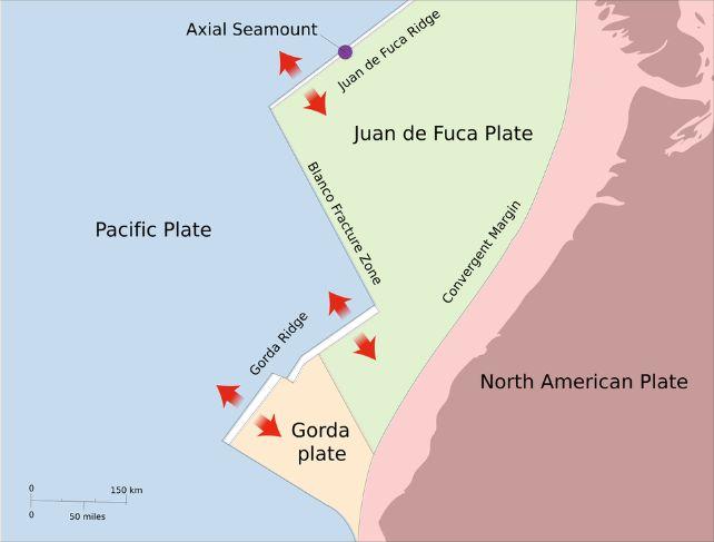 Mappa che mostra la posizione dell'Axial Seamount e delle placche tettoniche circostanti