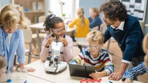 Un insegnante maschio che aiuta i bambini studenti in un contesto scientifico