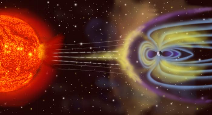 Illustrazione dell'attività del sole che interferisce con la magnetosfera terrestre