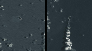 immagini satellitari che mostrano l'isola a Home Reef, Tonga, il 22 novembre 2024 (sinistra) vs. 2 febbraio 2025 (destra).