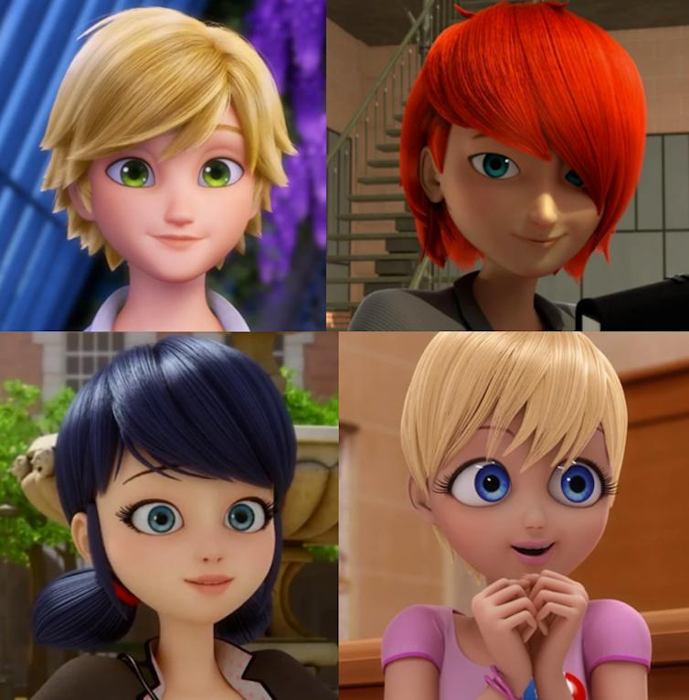 Due personaggi maschili dei cartoni animati senza ciglia e due personaggi femminili con ciglia lunghe, spesse e scure.