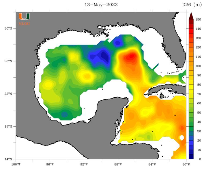 Una mappa della temperatura dell'acqua che mostra acqua molto calda in un anello nel Golfo