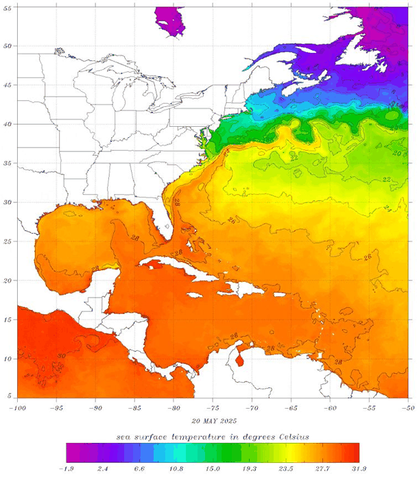 Una mappa del Golfo, dei Caraibi e dell'Atlantico settentrionale mostra le temperature superficiali del mare superiori a 79 in gran parte della regione. I Caraibi sono più caldi, e l'Atlantico diventa più fresco allontanandosi dalla costa.