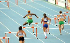 Concorrenti dei 400m ostacoli femminili durante i 20° Campionati Mondiali Juniores di Atletica presso lo Stadio Olimpico il 13 luglio 2012 a Barcellona,
