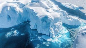 vista aerea di grandi iceberg, circondati da un mare blu
