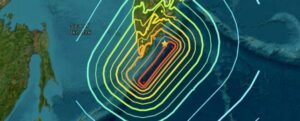 Una mappa di terra e oceano, che mostra le linee di scossa del terremoto