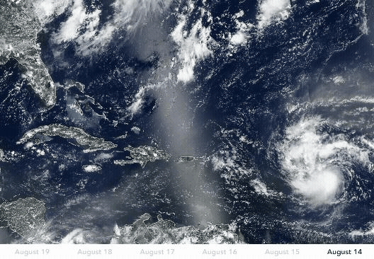 Un gif che mostra le immagini satellitari dell'uragano Erin che progredisce dall'Atlantico verso le isole dei Caraibi. La tempesta diventa più grande mentre si muove e poi si dirige verso nord prima di toccare terra. In fondo all'immagine, ci sono date che vanno dal 14 agosto al 19 agosto.