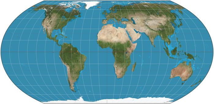 Proiezione Equal Earth, creata dal software di proiezione cartografica Geocart.