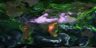 Visualizzazione che mostra gli aerosol come modellati dal Goddard Earth Observing System (GEOS) della NASA per il periodo dal 1 agosto al 14 settembre 2024.
