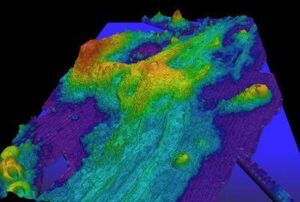 Mappatura batimetrica esagerata dell'Axial Seamount sulla cresta di Juan de Fuca, circa 480 chilometri (298 miglia) a ovest di Cannon Beach, Oregon.