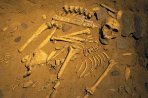 Una foto che mostra i resti scheletrici di un neanderthal sdraiato smembrato nel terreno in una caverna. Il cranio è visibile circondato dalle sue braccia, colonna vertebrale e parti delle sue costole.