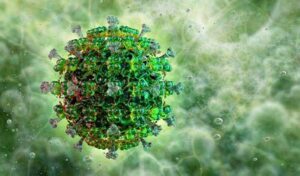 Rendering 3D di un retrovirus su uno sfondo verde
