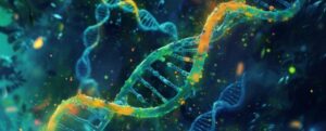 elica del DNA attorcigliata in senso orario con geni evidenziati in oro