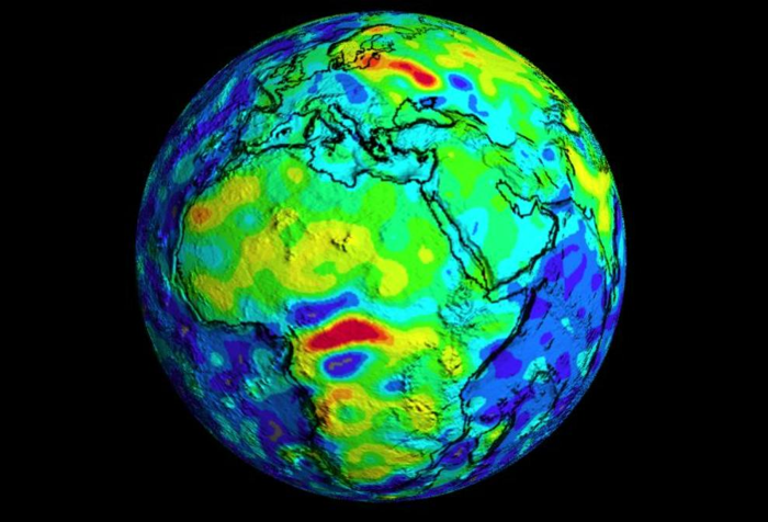 Intensità magnetica dai dati satellitari, che mostrano l'anomalia di Bangui in Africa centrale e il Kursk in Eurasia. Intensità magnetica dai dati satellitari, che mostrano l'anomalia di Bangui in Africa centrale e il Kursk in Eurasia.
