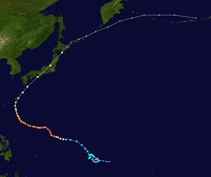 Mappa del percorso del tifone Tip, che mostra la posizione della tempesta a intervalli di 6 ore.