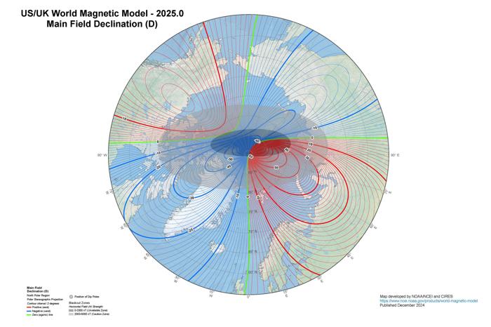Modello Magnetico Mondiale 2025: Una mappa delle linee del campo magnetico sopra l'Artico, con la zona di blackout contrassegnata in grigio. Modello Magnetico Mondiale 2025: Una mappa delle linee del campo magnetico sopra l'Artico, con la zona di blackout contrassegnata in grigio.