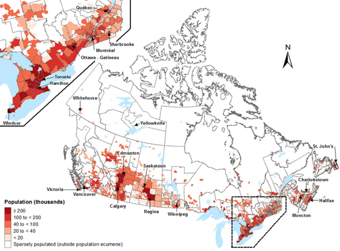 Mappa della popolazione canadese che mostra che le persone vivono principalmente nel sud.