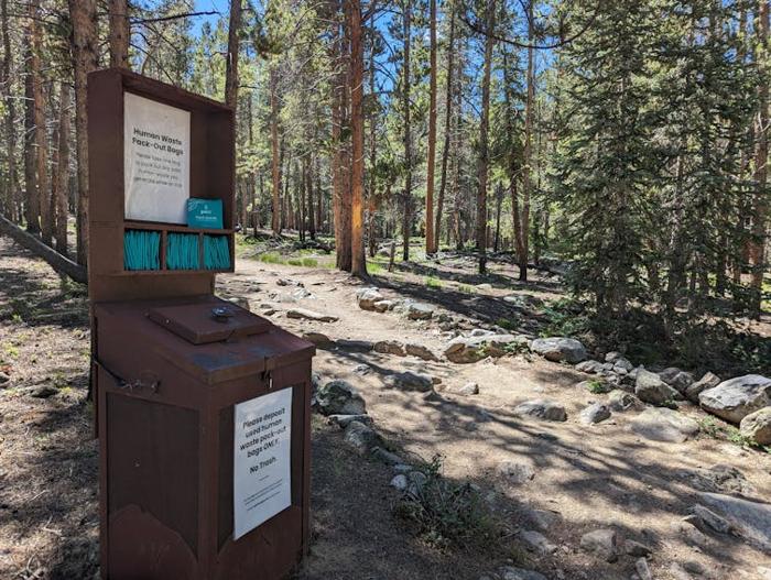 Una scatola marrone si trova vicino a un sentiero nella foresta. Numerosi sacchetti turchesi sono piegati e posizionati sugli scaffali. Un cartello, con lettere nere su carta laminata bianca, è attaccato al chiosco. Uno recita: 