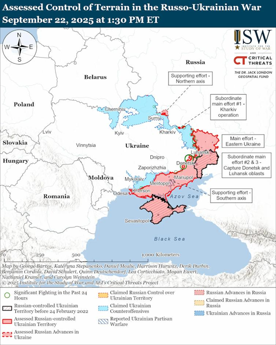 Mappa ISW che mostra lo stato della guerra in Ucraina, 22 settembre 2025.