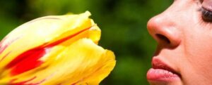 donna che annusa un fiore