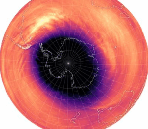 Registrazioni della temperatura dell'aria, che mostrano il Vortice Polare Meridionale, sopra l'Antartide nell'agosto 2023.
