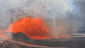 tornado accanto a una fontana di lava