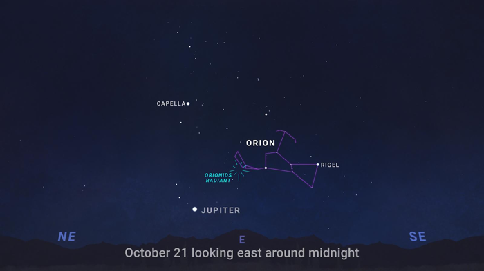diagramma del cielo notturno che mostra la costellazione di orione sopra l'orizzonte orientale