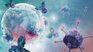 Impressione artistica come un rendering 3D di cellule immunitarie che attaccano un batterio
