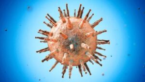 Illustrazione computerizzata della particella del virus Epstein-Barr (arancione) su uno sfondo blu