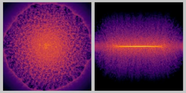 Immagini frontali (sinistra) e laterali (destra) di un disco galattico di gas, che appare come un brillante viola, rosa e giallo