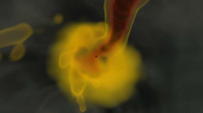 Blob gialli e viscidi attorno a un buco nero circolare con un imbuto arancione che emerge da esso