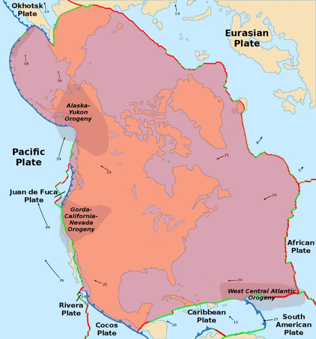 Una mappa della placca tettonica nordamericana 