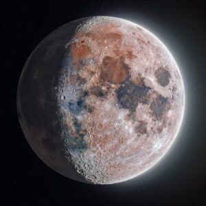 Immagine dettagliata della Luna tinta di rosso e blu acciaio, illuminata dalla luce sullo sfondo nero dello spazio.