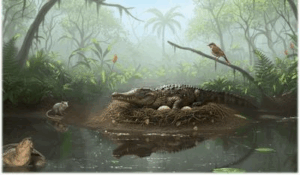 Ricostruzione artistica di un mekosuchine femminile che nidifica negli ambienti paludosi del sito fossile di Murgon. Mostrato anche uno dei numerosi tartarughe a guscio molle giganti, Murgonomys braithwaitei, un marsupiale arcaico, Djarthia murgonensis, e un uccello canoro ancestrale senza nome. Non mostrato, lo stesso coccodrillo su un albero per cacciare.