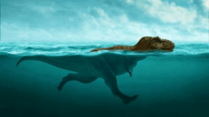 un t rex che nuota nell'oceano