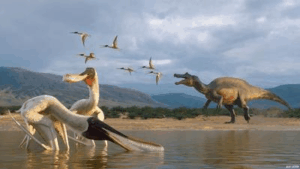 Ricostruzione artistica del pterosauro filtratore Barikibu waridza nell'ambiente della Formazione Romualdo del Cretaceo Inferiore. Lo spinosauride sullo sfondo rappresenta il presunto predatore che ha prodotto il regurgitalite descritto.