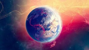 Terra circondata da un alone rosso che rappresenta plasma