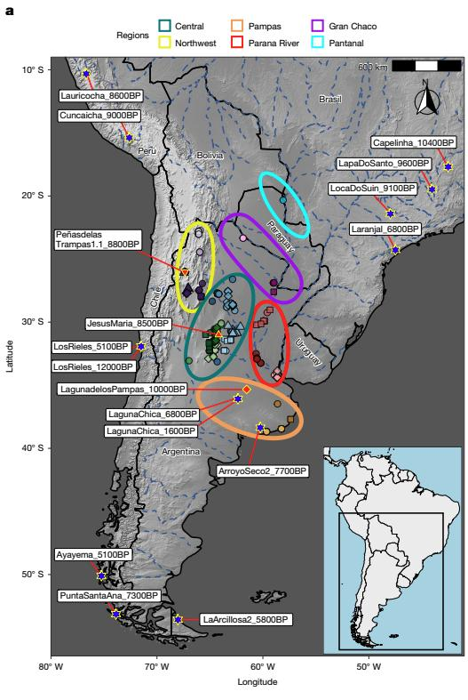 una mappa del cono centrale meridionale del sud America che mostra le posizioni in cui è stato trovato il DNA antico