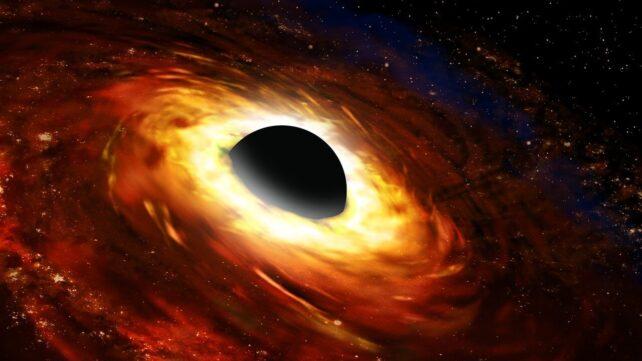 Una sfera nera all'interno di vortici rossi e gialli