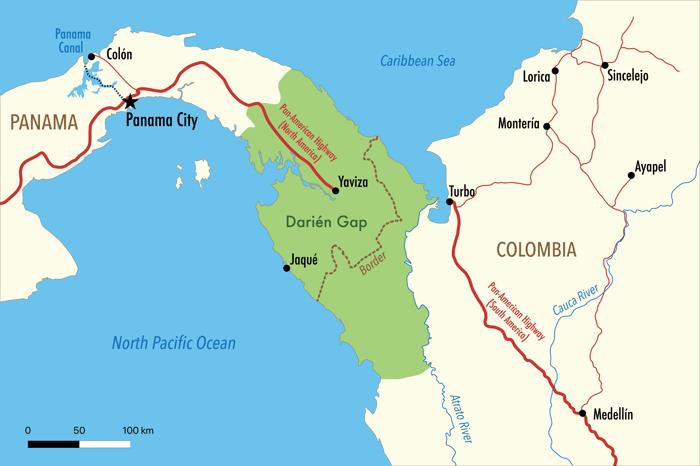 Una mappa che mostra il Darién Gap tra Panama e Colombia, che mostra la frattura nella Pan-American Highway