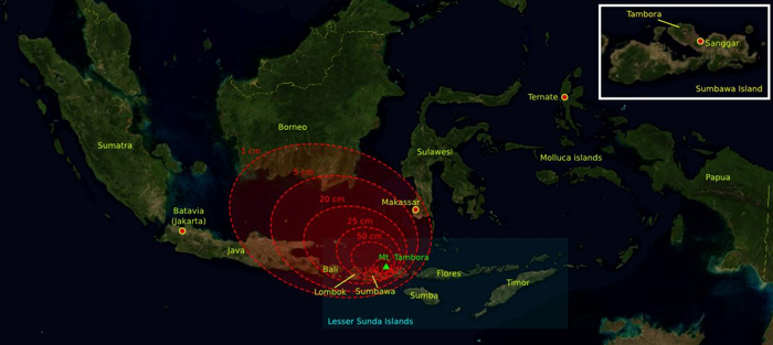 Mappa che mostra la stima della caduta di cenere dall'eruzione del Monte Tambora del 1815, con lo spessore della cenere indicato in rosso.