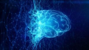 Immagine astratta di un cervello che si interfaccia con una rete digitale