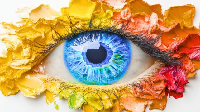 Vernice colorata attorno a un occhio blu brillante