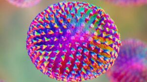 Illustrazione computerizzata di una particella del virus dell'influenza in colori vivaci