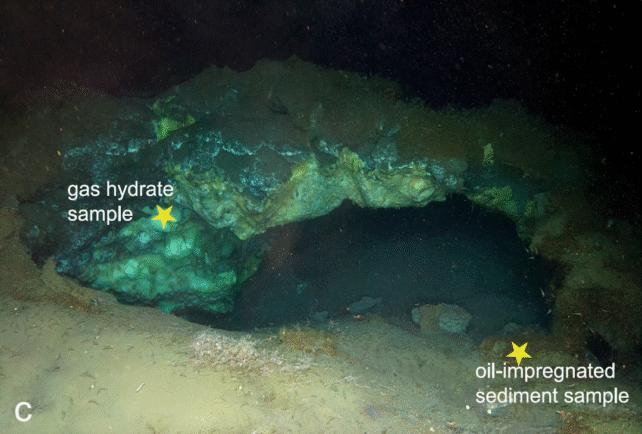 fotografia di mare profondo che mostra un cumulo sottomarino con una struttura simile a una caverna all'interno. una stella all'apertura indica 'campione di idrato di gas' e un'altra in fondo all'apertura dice 'campione di sedimento impregnato di olio'