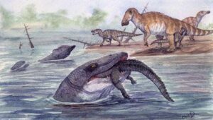 Impressione dell'artista di un mosasauro a Hell Creek che mangia un coccodrillo come antipasto per un hadrosauro.