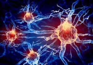 Illustrazione 3D di neuroni in blu con macchie di luce rossa e gialla per indicare danni
