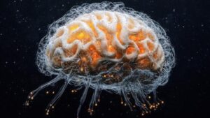 Un cervello luminoso in tonalità di arancione e blu, su uno sfondo cosmico ad alto contrasto