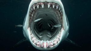 Una drammatica ripresa subacquea di un grande squalo bianco con le fauci aperte, circondato da piccoli pesci nell'oceano.